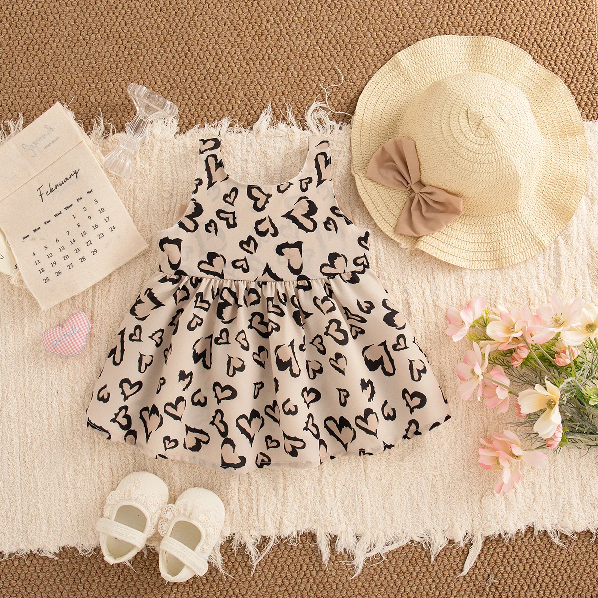 6-24 Months Summer New Sweet Bow Baby Girl Dress, Cute Leopard Print Children'S Clothes With Free Hat For Beach Parties