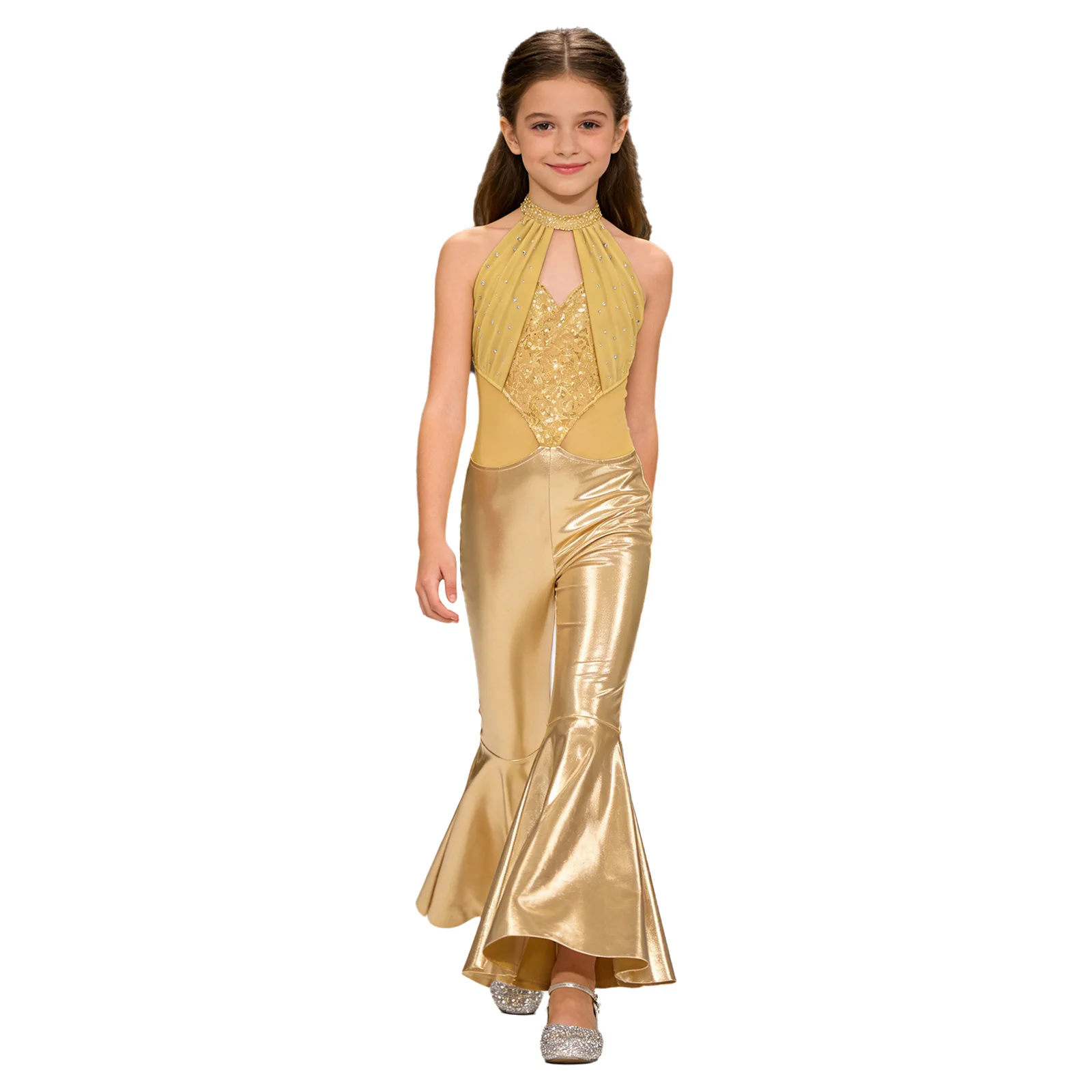 Girls Metallic Flared Pants Jumpsuit Halter Party Rompers Sleeveless Sequins 60s 70s Disco Jazz Dance Flares Birthday Costume image 5