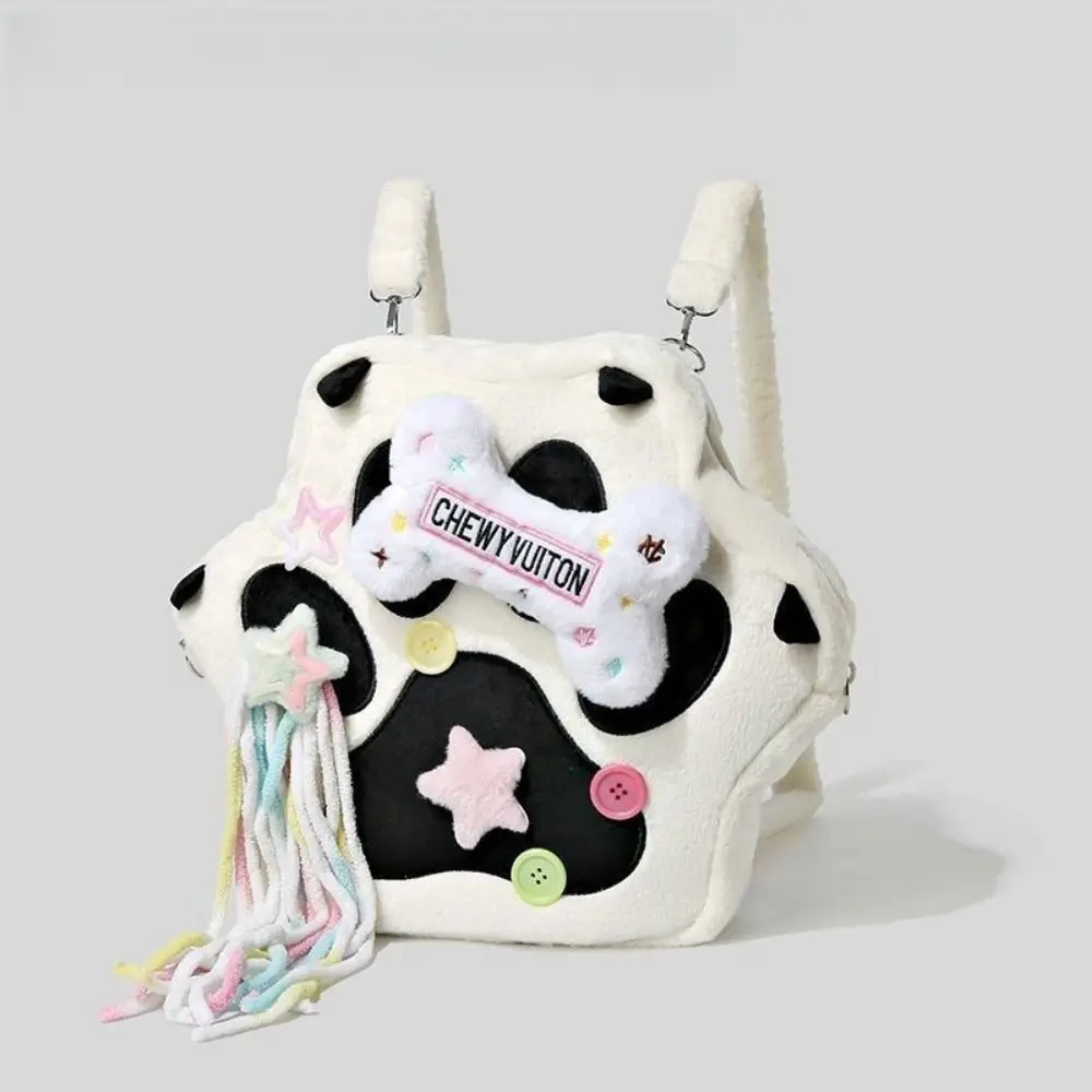 Sac à dos en peluche patte de chat de grande capacité, sac à dos multifonctionnel en peluche avec os de patte de chat Lolita, cartable d'étudiant, cadeau