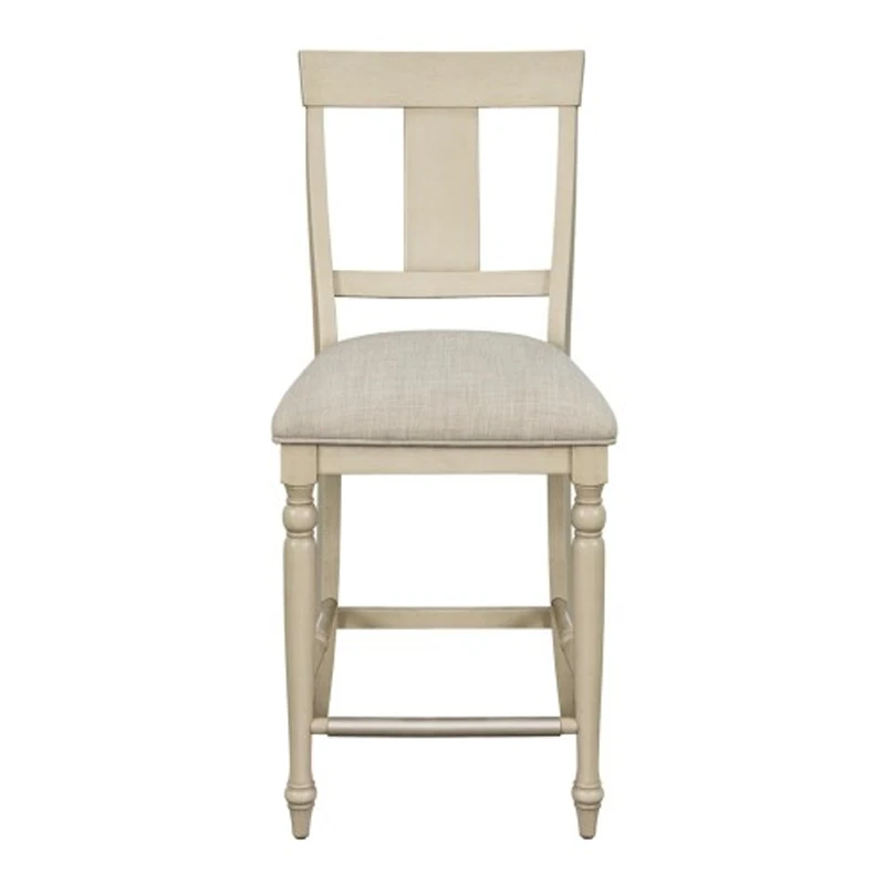 Farmhouse Counter Stool: Rustic Whitewash Upholstered Seat, Elegant Turned Wood Legs, Silver Metal Kick Plate, Assembly Required