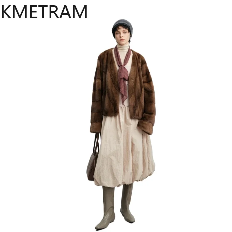 Kmetram Abrigo de Piel de Visón Real para Mujer, Cuello en V, Chaqueta Corta de Invierno, Cálida, de , 52cm, 2026, jaqueta