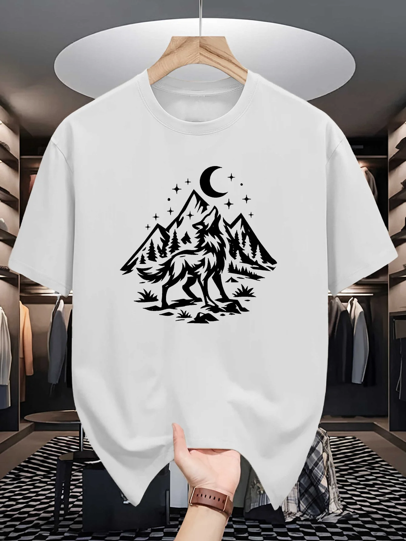 2026 Men Short Sleeve T Shirt Howling Wolf Mountain Moon Graphic Tees Loose Fit Casual Mens Top For Wilderness Street Wear