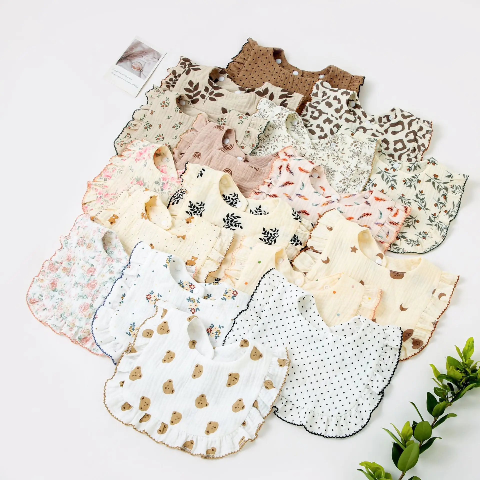 17pcs Ruffled Edge Baby Frill Bibs Floral Prints Girls 100% Organic Cotton Saliva Towel Bandana Burp Cloths Feeding Smock Stuff