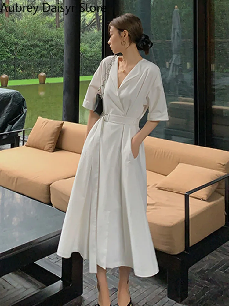 Vintage Elegant White Long Blazer Dress Women Korean One Piece OL Sashes Design Dress Summer Casual Chic Slim Y2k Dress 2022 New