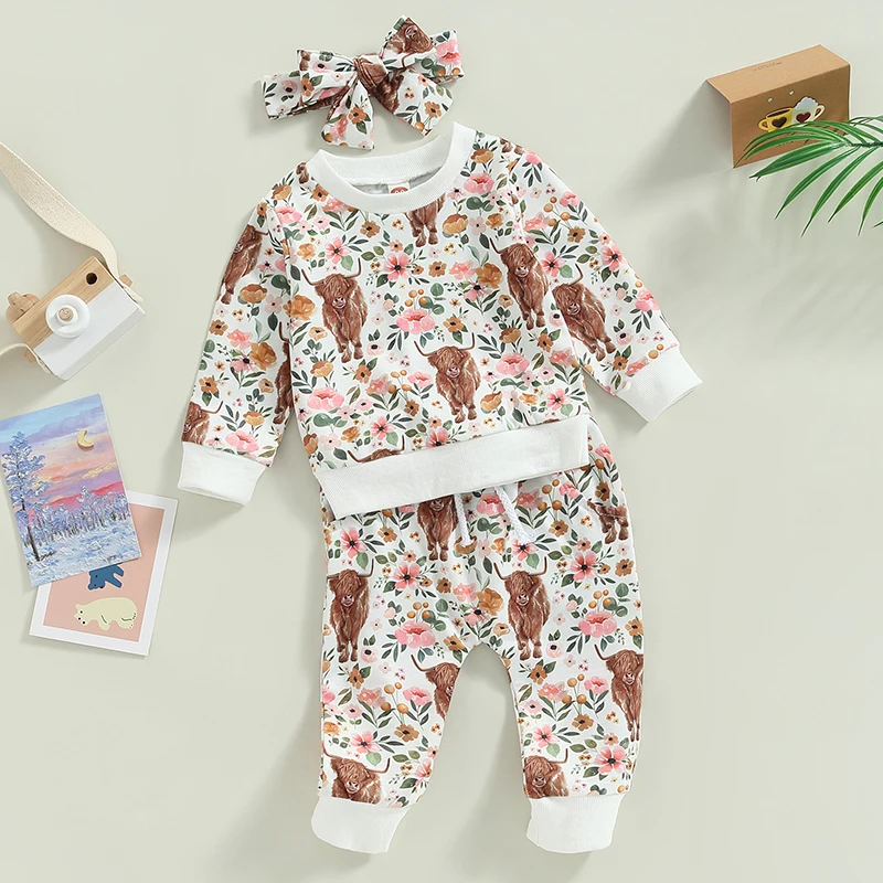 Infant Baby Girl Clothes Set Floral Cow Print Long Sleeve Crew Neck Tops Elastic Waist Long Pants Bow Headband 3Pcs Set