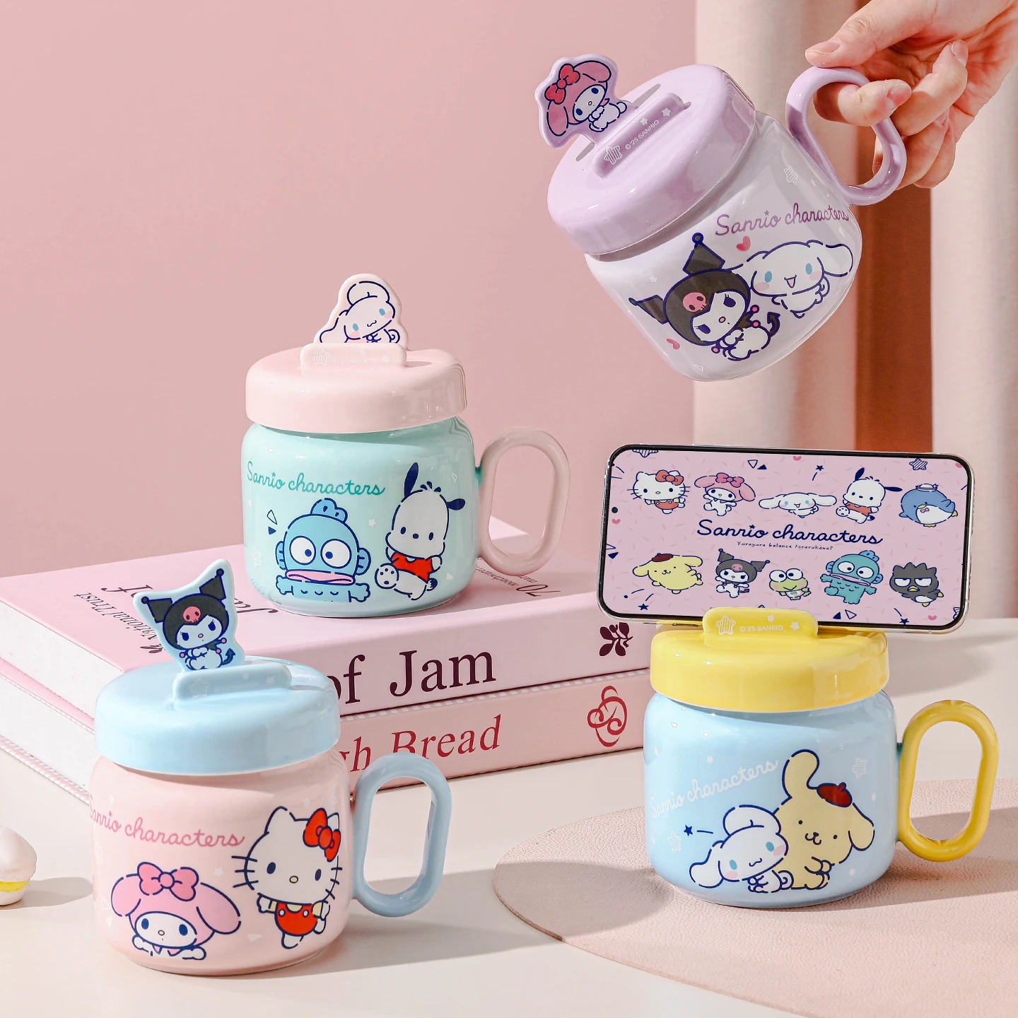 450Ml Kawaii Box Set Sanrio Cartoon Hello Kitty My Melody Cinnamoroll Kuromi Ceramic Mug Cover As Stand Milk Cup Kid Pretty Gift