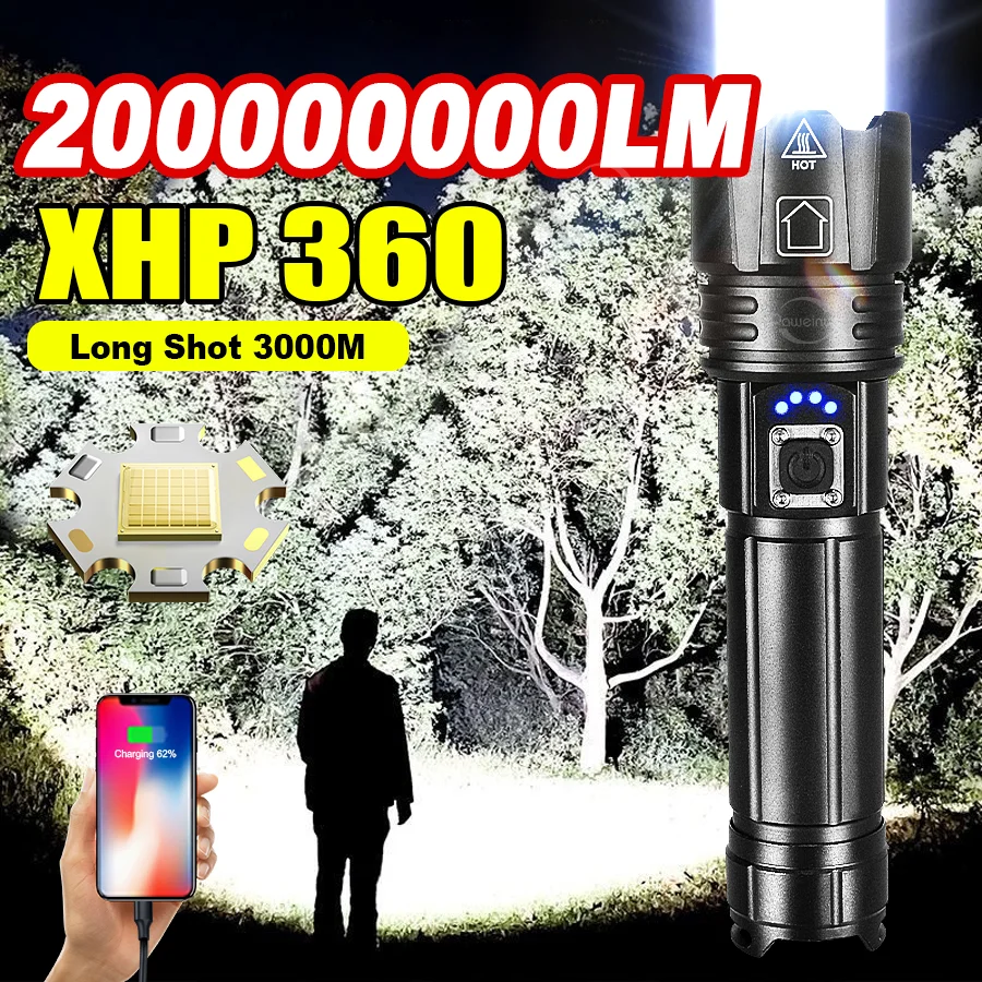 

2000000000LM Most Powerful Flashlights Ultra Bright XHP360 Torch Light Rechargeable Tactical Torch Portable Lamp Camping Lantern