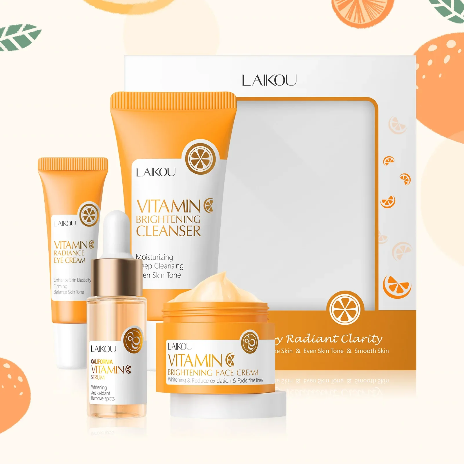 Ensembles de soins pour la peau à la vitamine C, crème pour le visage, nettoyant pour le visage, essence VC hydratante, crème pour les yeux rafraîchissante, kits de soins pour la peau, 4 pièces