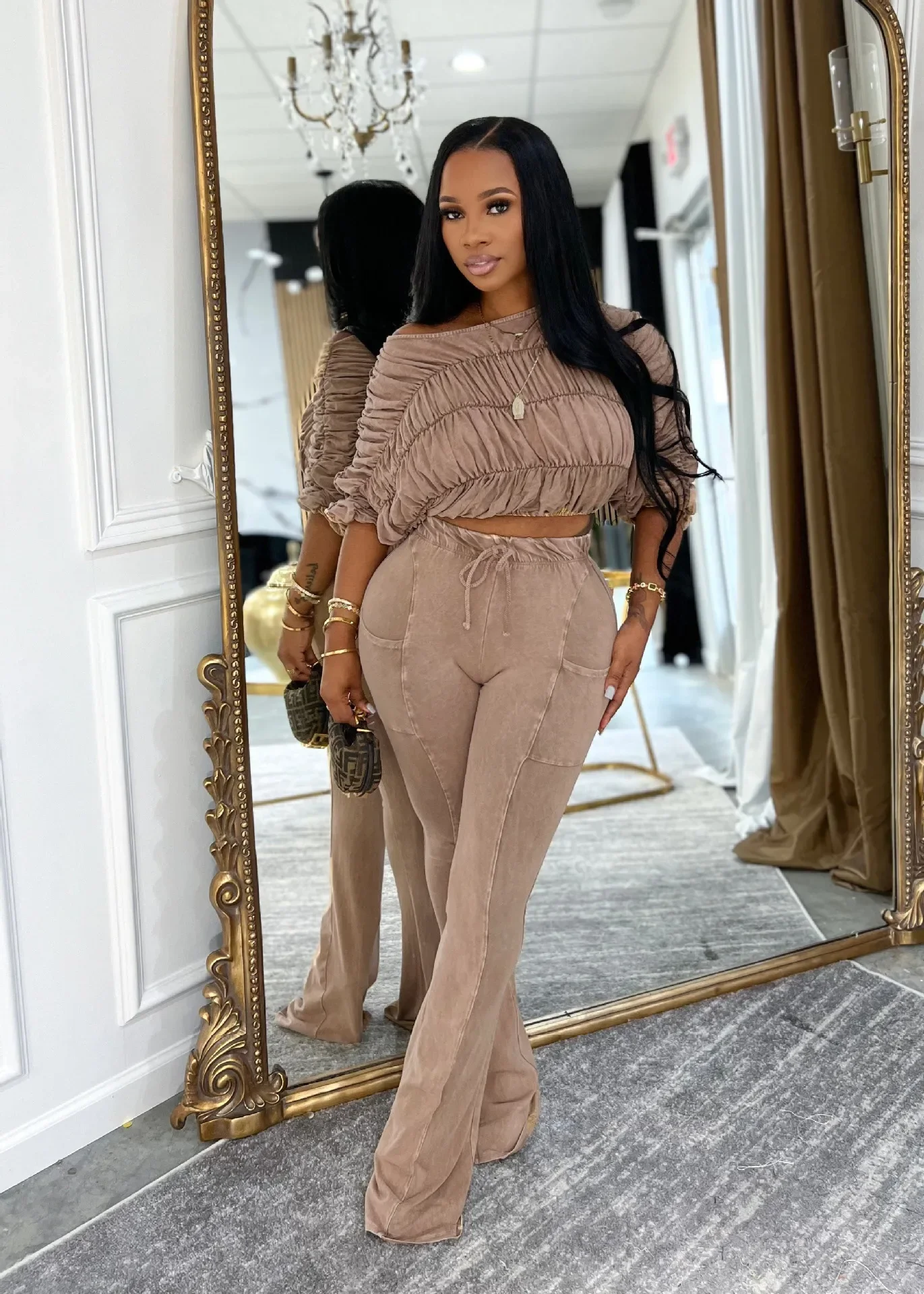 Ensemble femme demi manches lavé froncé hauts et pantalons longs costume automne fête rue décontracté salon deux 2 pièces ensemble tenue