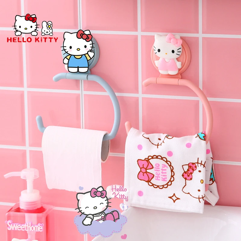 Sanrio Hello Kitty Bathroom Hanging Towel Rack Cartoon Melody Punch-Free Kitchen Cabinet Door Rag Hanger Hook Holder Shelf Gift