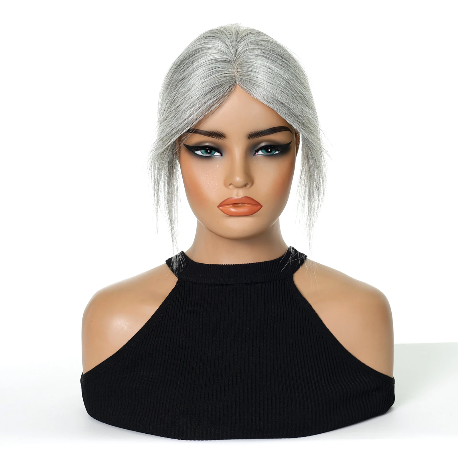 100% Human Hair Topper 2.75x3.5 Inch Short Straight Lace Base with 3 Clips Grey Middle Part Hairpiece 8 Inch for Women Thinning