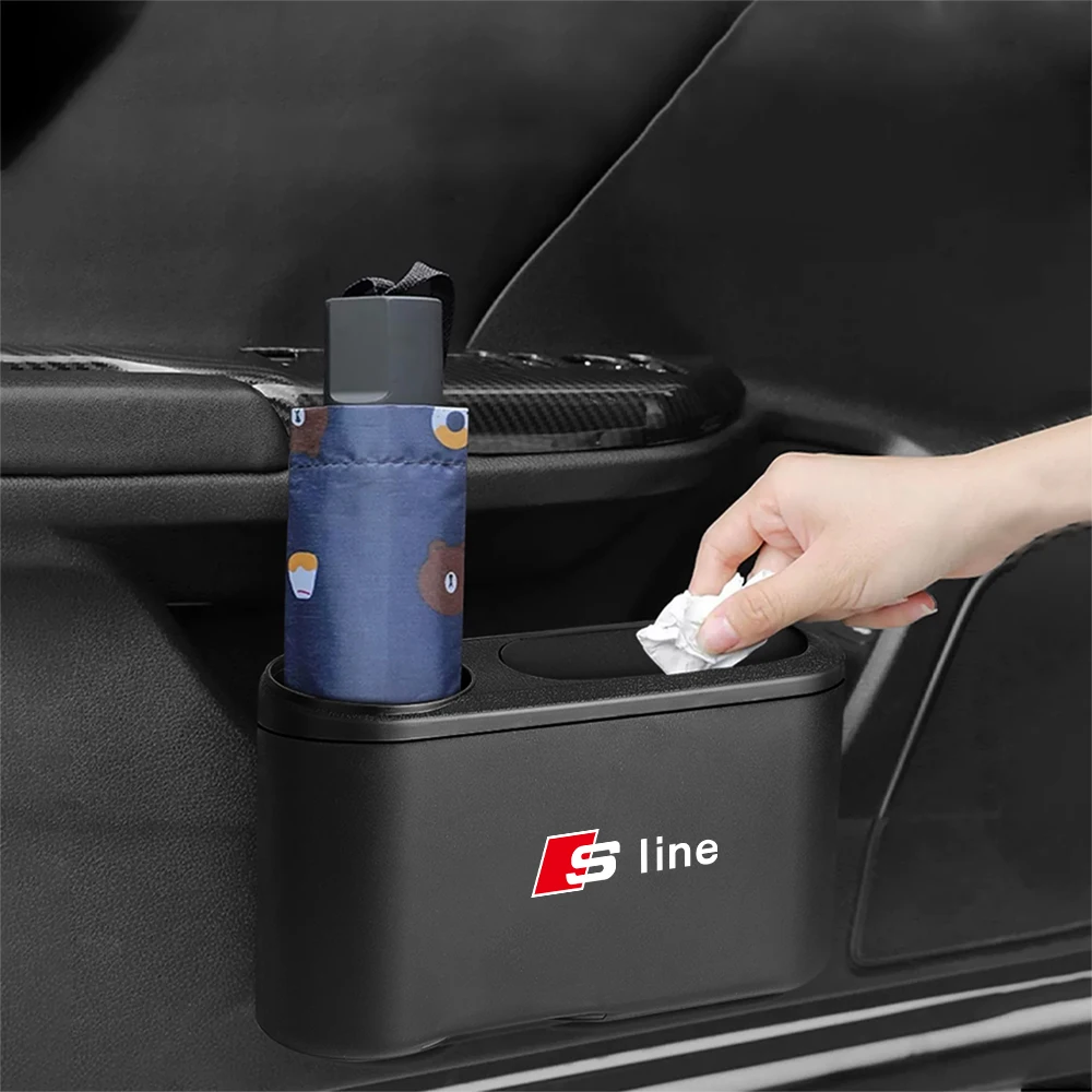 

Автомобильный мусорный бак, автомобильный мусорный чехол, ящик для хранения, пластиковый мусорный бак со слотом для чашки воды, автозапчасти для AUDI SLINE, эмблема