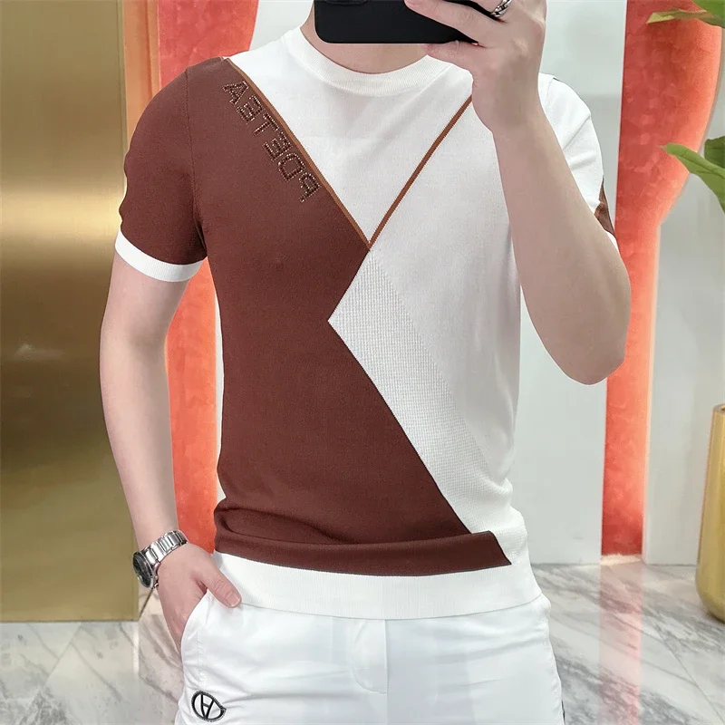 2023 Summer Slim Fit Elastic Patchwork Casual T-shirt Men Round Neck Thin Knitted Ice Silk Short Sleeve T-shirt for Men Clothing