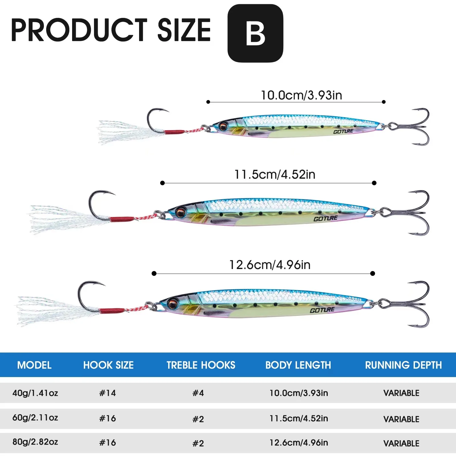 Goture Metal Jig Fishing Lure 40g 60g 80g Trolling Hard Bait Cast Hook Swimbait Wobbler Pike Spoon Carp Spinner Sea Tackle Bait