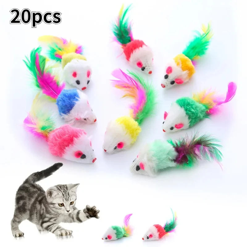 Cute Mini Soft Fleece False Mouse Cat Toys Colorful Feather Funny Playing Training Toys for Cats Kitten Puppy Pet Supplies