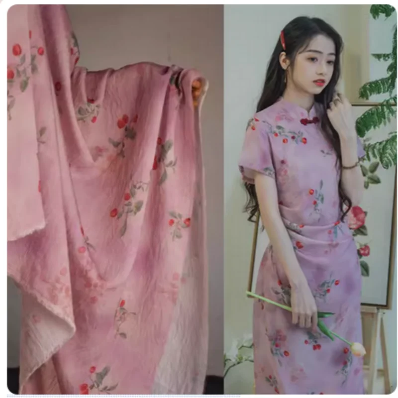 China Wind Butterfly Flower Bamboo Print, Sky Silk Artificial Cotton Fabric, Cheongsam Dress Han Cloth Sewing Material, T2132