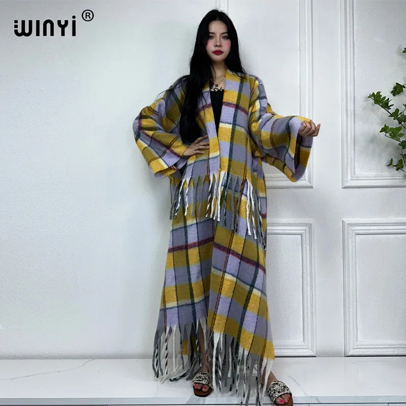 

WINYI new winter coat women 2023 Africa Plaid print tassels Luxury Long Fur Loose OverCoat Thick Warm long down coat cardigan