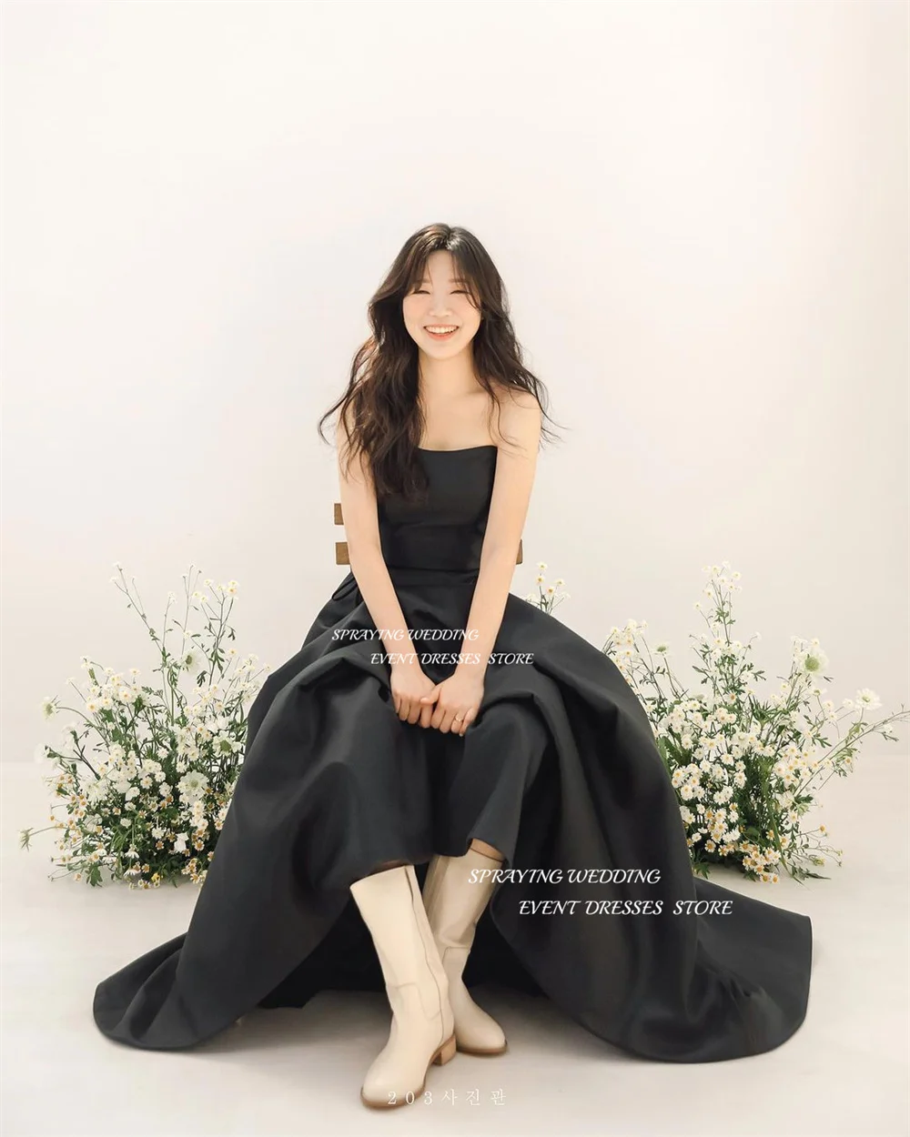 SPRAYING Simple Black A Line Wedding Dress Korea Photo Shoot Spaghetti Straps Soft Satin Bridal Gown Custom Made