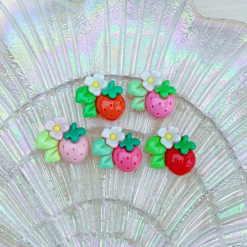 10Pcs Kawaii Cute Strawberries Resin DIY Shoes Hat Icebox Barrette Mobile Phone Case Scrapbook Cream Glue Flat Back Resin