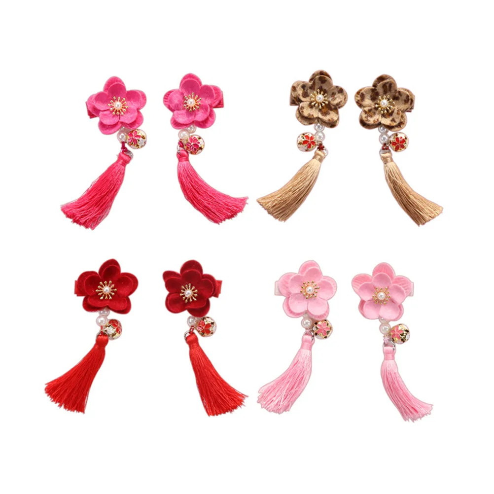 

1Pair Kids Flower Hair Clips Thick Chinese Style Tassel Duckbill Hairpins for Girls Party Wedding Daily Cosplay Pink