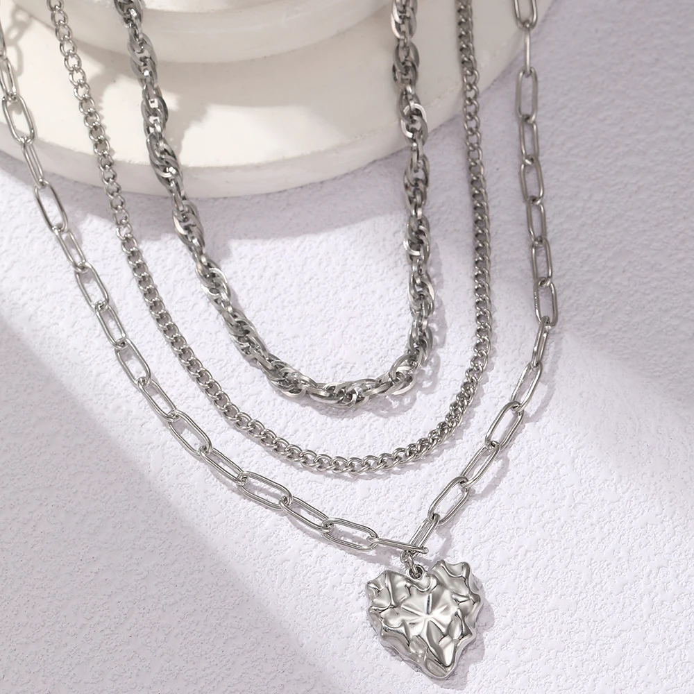 Stainless Stee Necklaces Asymmetric Heart Pendant Multilayer Chain Atmospheric Necklace For Women Jewelry Anniversary New Gifts