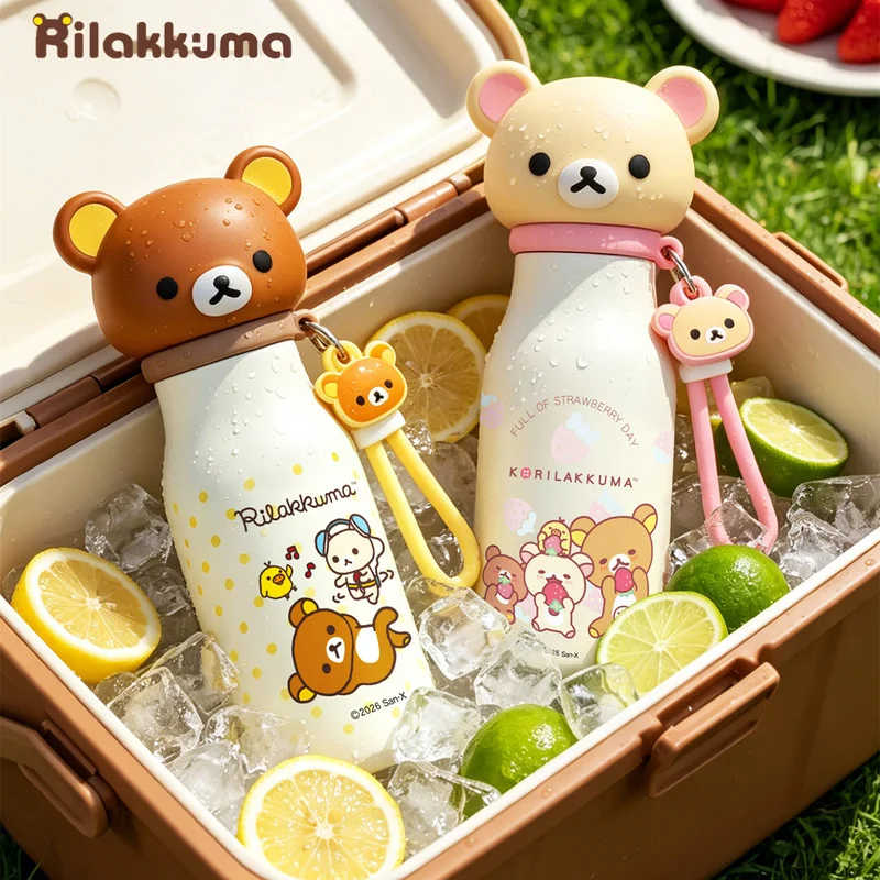 500ml Rilakkuma Insulated Water Bottle 316 Stainless Steel Water Cup Portable With Lanyard Cute Easy Bear Anime Peripheral Gifts