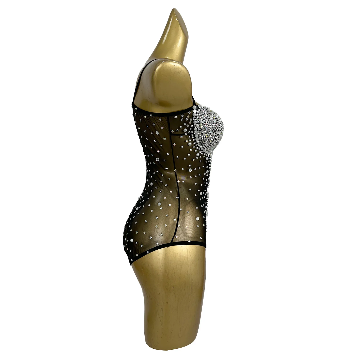 Sexy Spaghetti Strap Pearls Rhinestone Night Club Party Bodysuit Women Stripper Dancer Leotard Bodycon Romper Show Jumpsuits