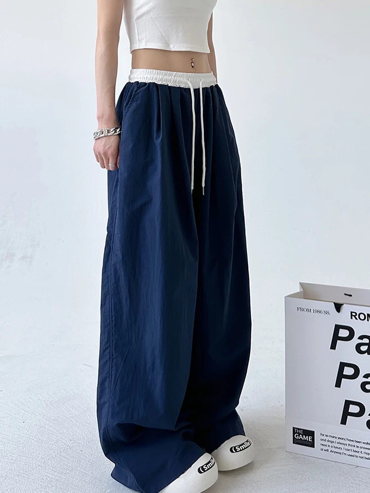 2025 Spring Summer New Korean Style Casual Pants Women's Color Block Elastic Waist Drawstring Sports Wide Leg Floor Length