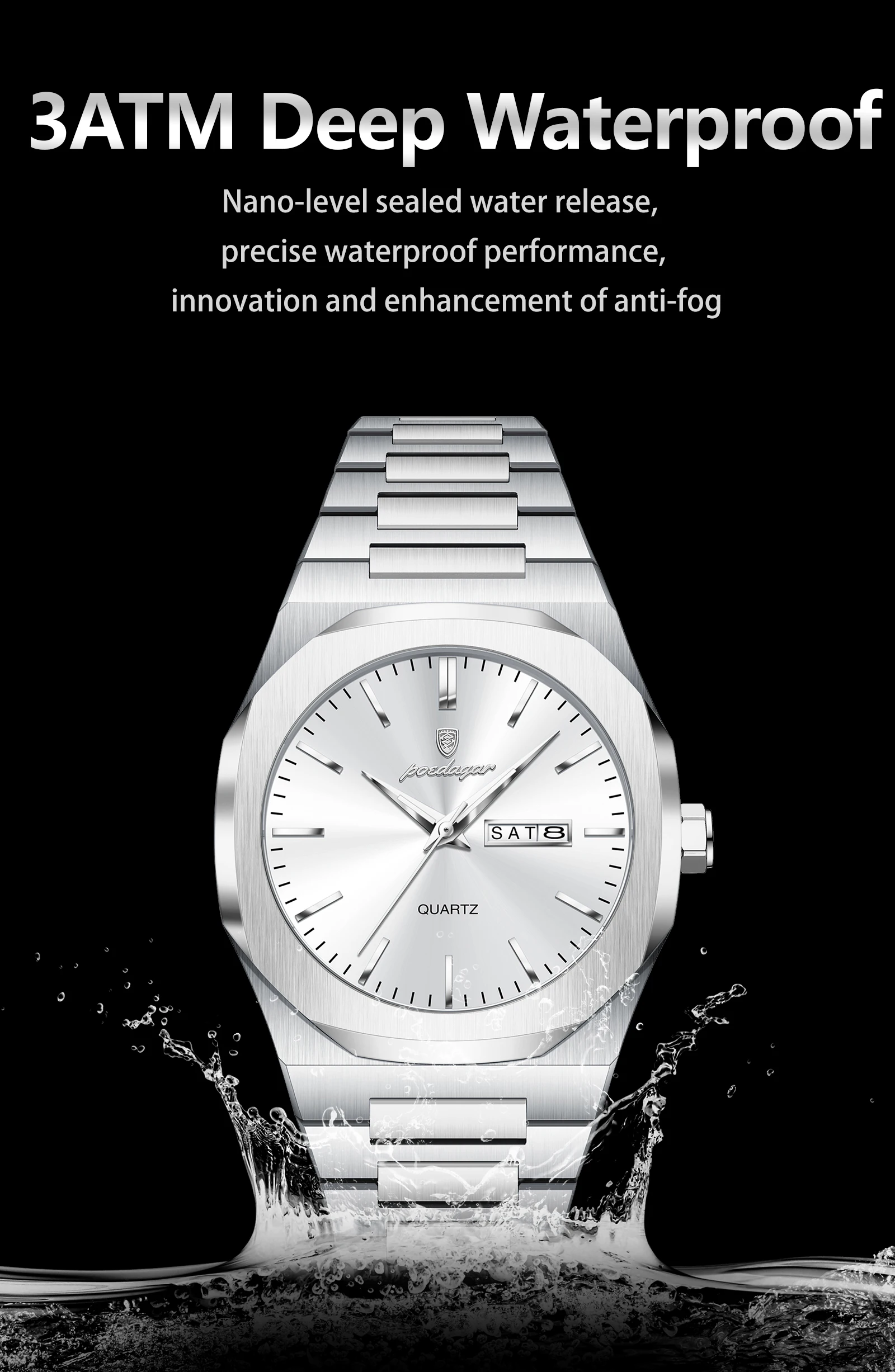 POEDAGAR Mode Marke Männliche Armbanduhr Wasserdicht Leucht Edelstahl Männer Uhr Datum Woche Casual Quarz herren Uhren Reloj – Detail 12