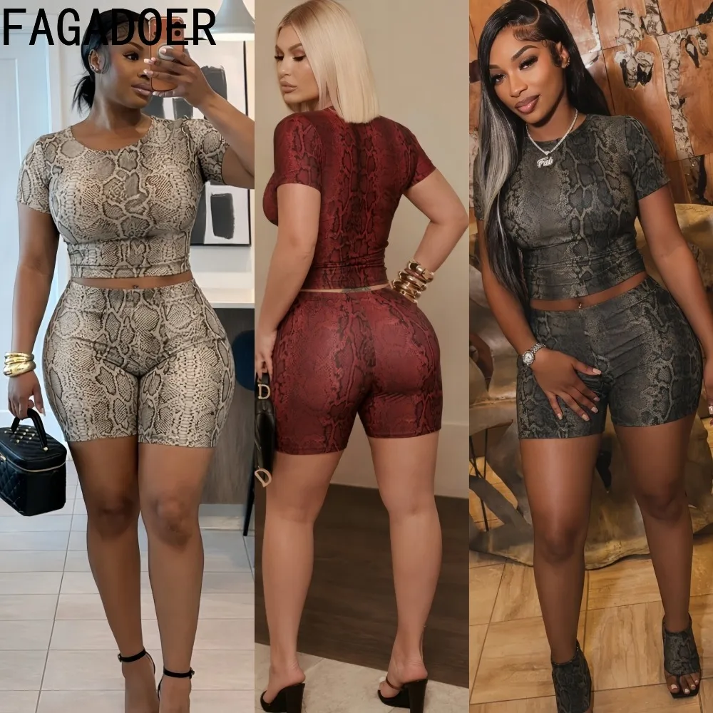 

FAGADOER Fashion Serpentine Print Patchwork Woman 2 Piece Set Outfit Short Sleeve Crop Top and Shorts Female Streetwear Clothing
