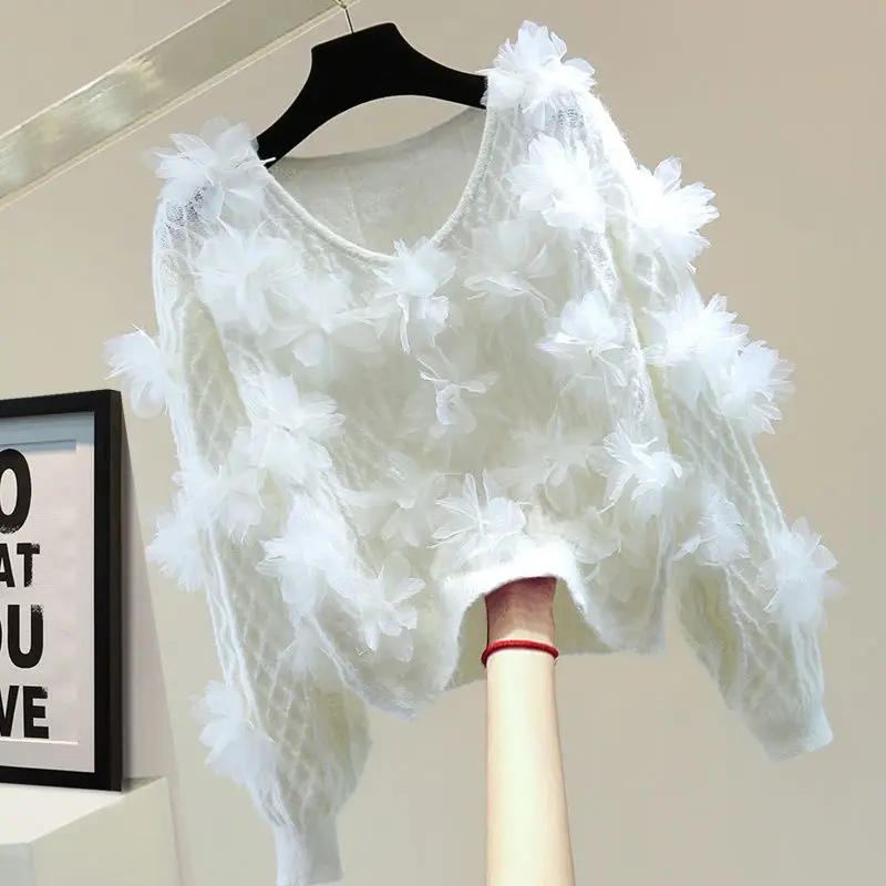 الفاخرة الماس ثلاثية الأبعاد الأزهار متماسكة البلوزات الملابس النسائية تصميم شيك بلوفر مغزول الخريف الربيع معاطف قصيرة بلايز سترة جديد