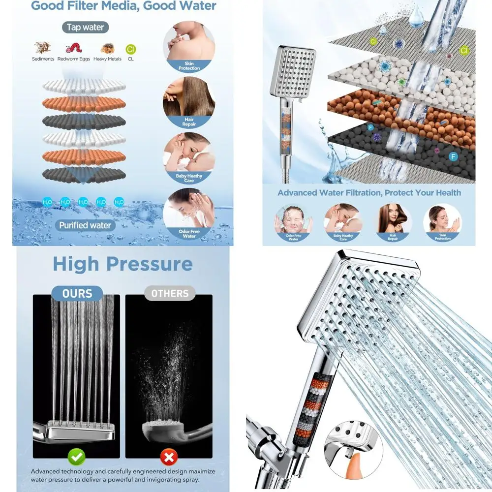 

Filtered Shower Head - 6-Setting High-Pressure Handheld Shower with Mineral Beads, Stainless Steel Hose & Bracket