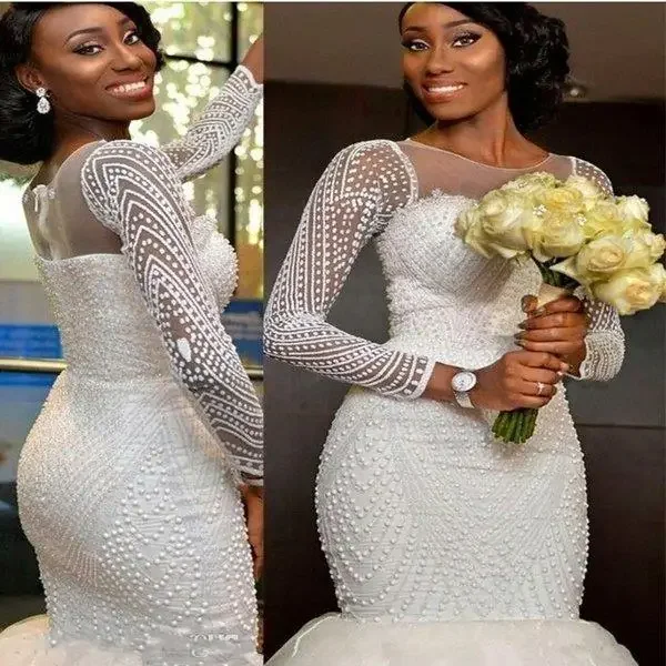 

Индивидуальные свадебные платья русалки в африканском нигерийском стиле с жемчужным вырезом и длинными рукавами, украшенные кристаллами и жемчугом, вечерние свадебные платья