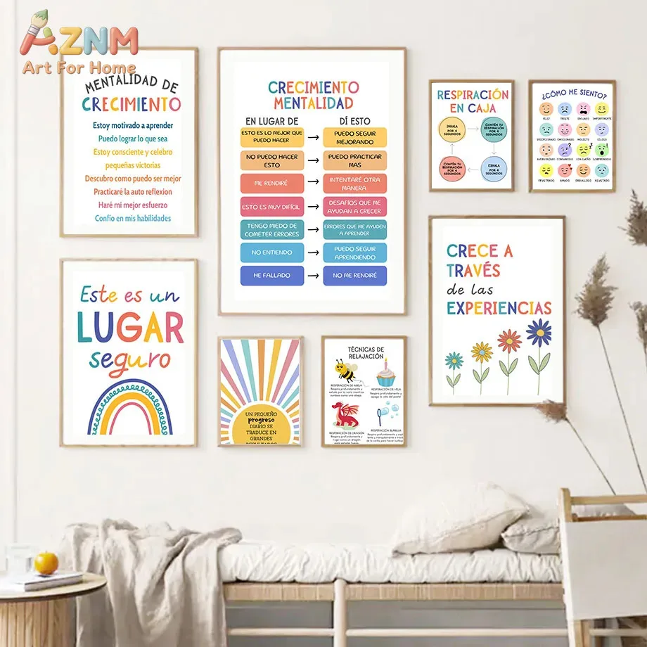 AZNM Spanish Growth Mindset Canvas Wall Art Print, Mental Health Educational Poster for Classroom Decor, No Frame