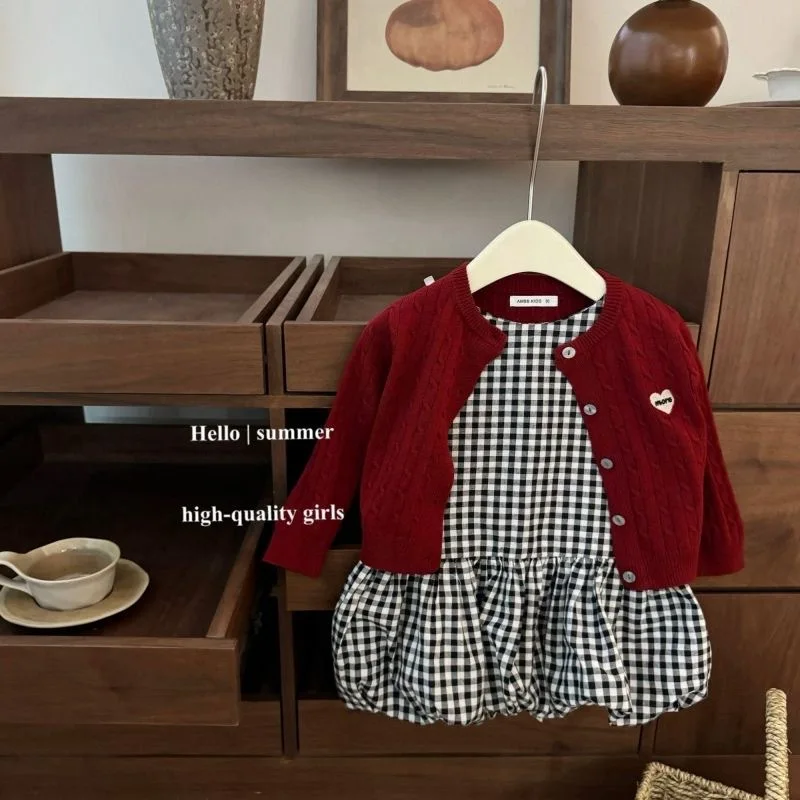 

2 Piece Set Girls' Children's Clothing 2026 Spring New Korean Version Plaid Princess Skirt Love Sweater Suit