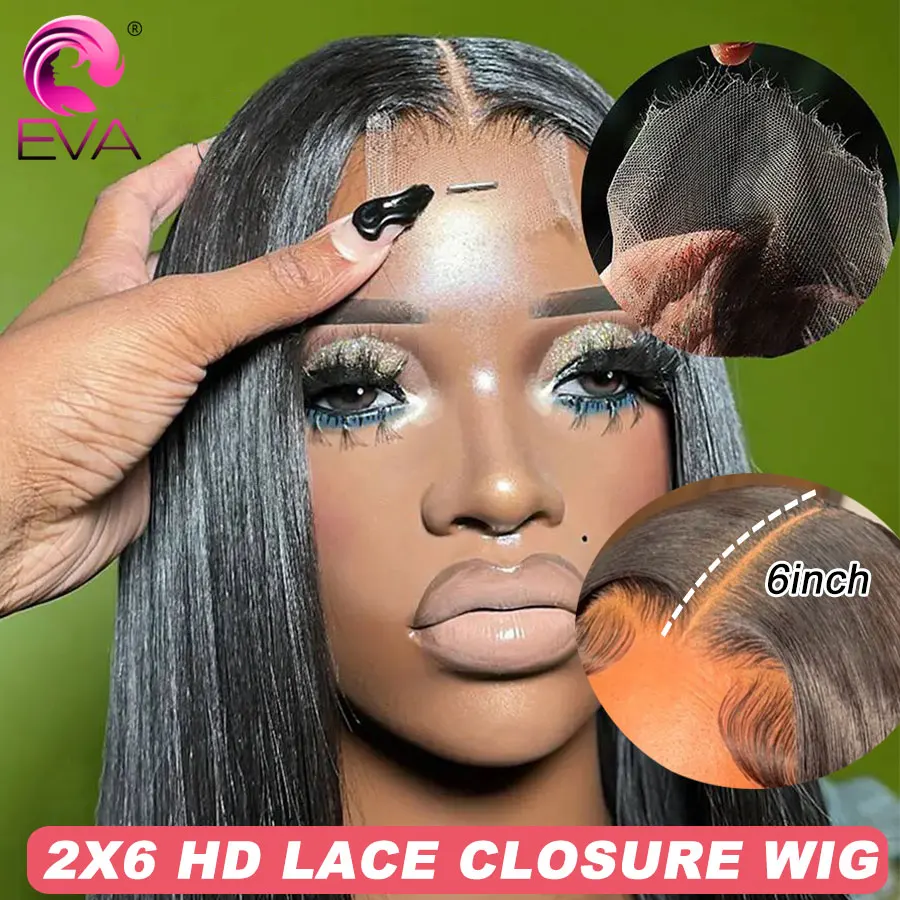 Eva Hair-Glueless Straight HD Lace Wig, Parte Profunda, Pré Arrastado Fechamento HD, Perucas de Cabelo Humano, Invisible HD, 2x6