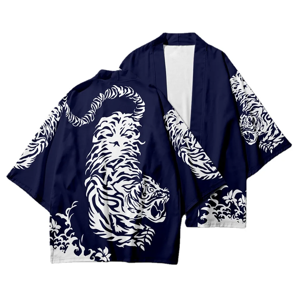 

Blue Red Fashion Cardigan Men Women Beach Kimono Japanese Streetwear Style Tiger Print Summer Black Haori Yukata Harajuku Tops