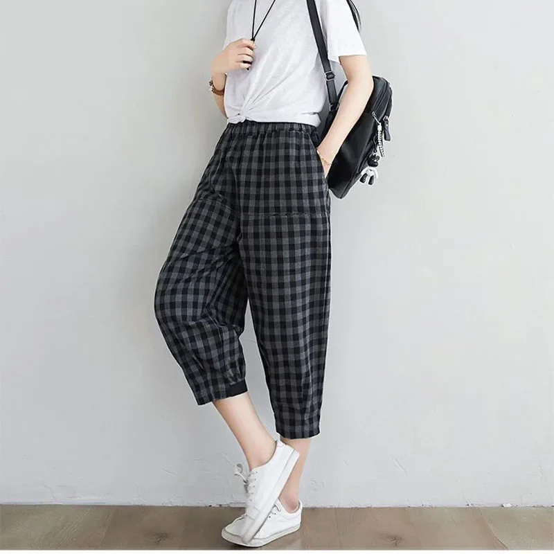 

Women Vintage Cotton Black Plaid Harem Pants Fashion Summer New Elastic High Waists Loose Casual Calf Length Trousers 3XL B13