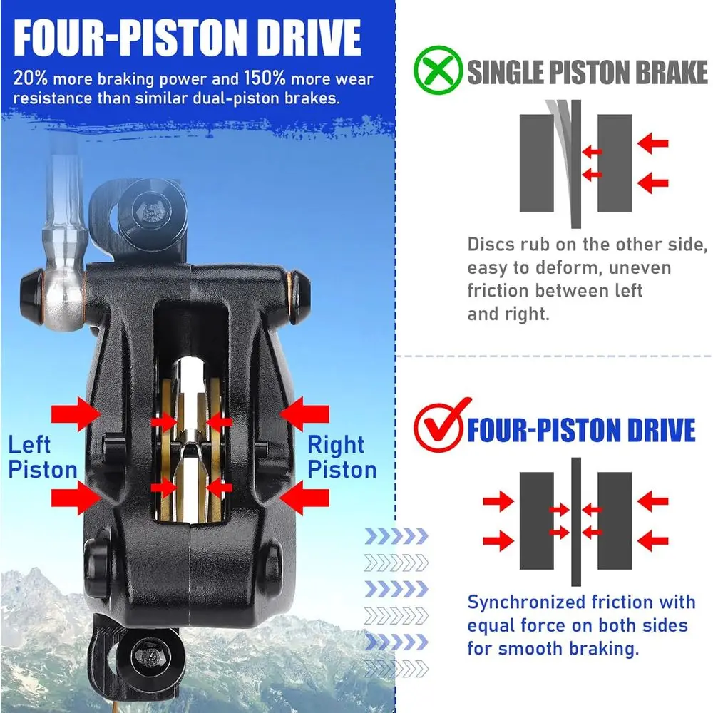 مجموعة فرامل قرصية MTB بأربعة مكابس من TOBWOLF، مجموعة فرامل هيدروليكية مع دوارات 160 مم وسادات فرامل سيراميك، أمامي يسار 85 سم & R