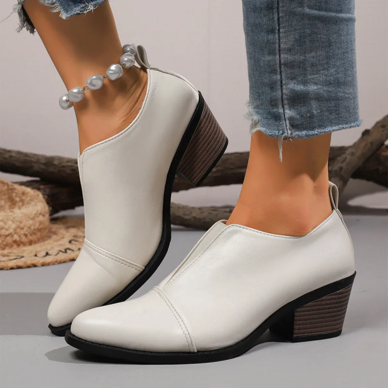 

Western Style Elastic Single Shoes British Style Pointed Toe Chunky Heel Large Size Chelsea Leather Shoes for Women2025New Year