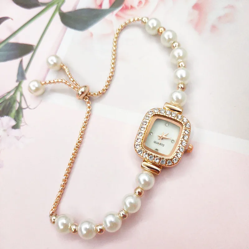 

2025 новые модные женские часы с имитацией жемчуга и бриллианта, квадратные женские часы, школьные часы-браслет, ювелирные изделия, подарок, Reloj Mujer
