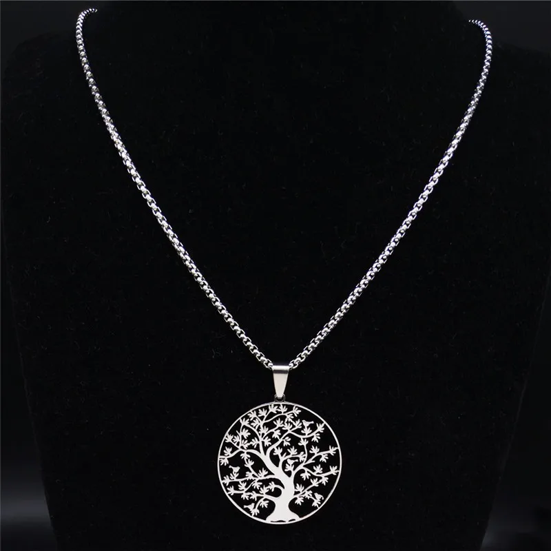 Colgante de árbol de la vida, collar de acero inoxidable, Color plateado, amuleto para hombres y mujeres, cadena para el cuello, joyería, collar arbol de la vida