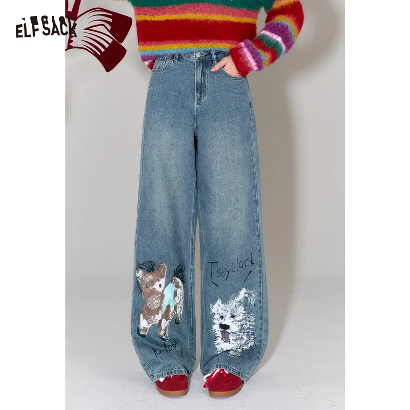 ELFSACK Women's Y2K Wide Leg Jeans with Animal Graffiti Print, Loose Denim Pants for Daily Casual Outfits
