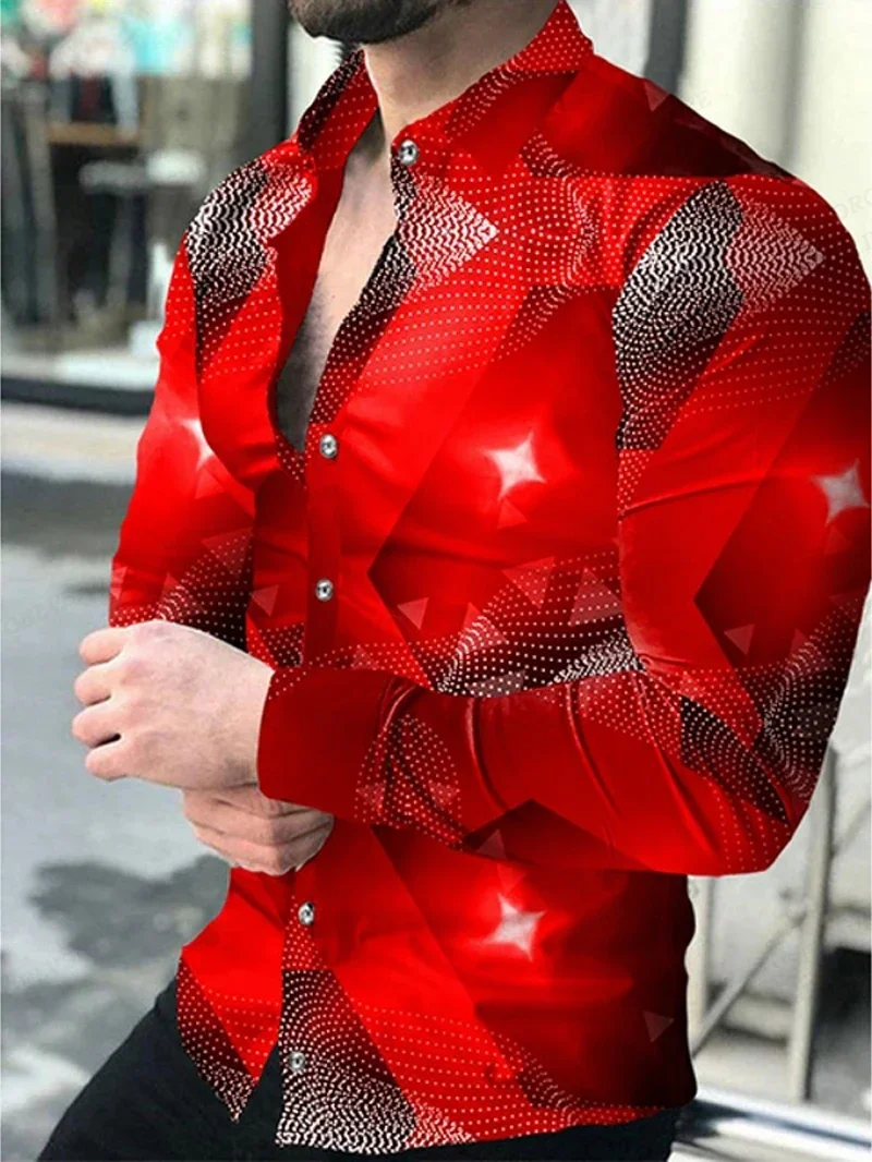 2025 Men's dark retro pattern polka dot 3D printed shirt outdoor street long-sleeved lapel slim clothing business fashion top