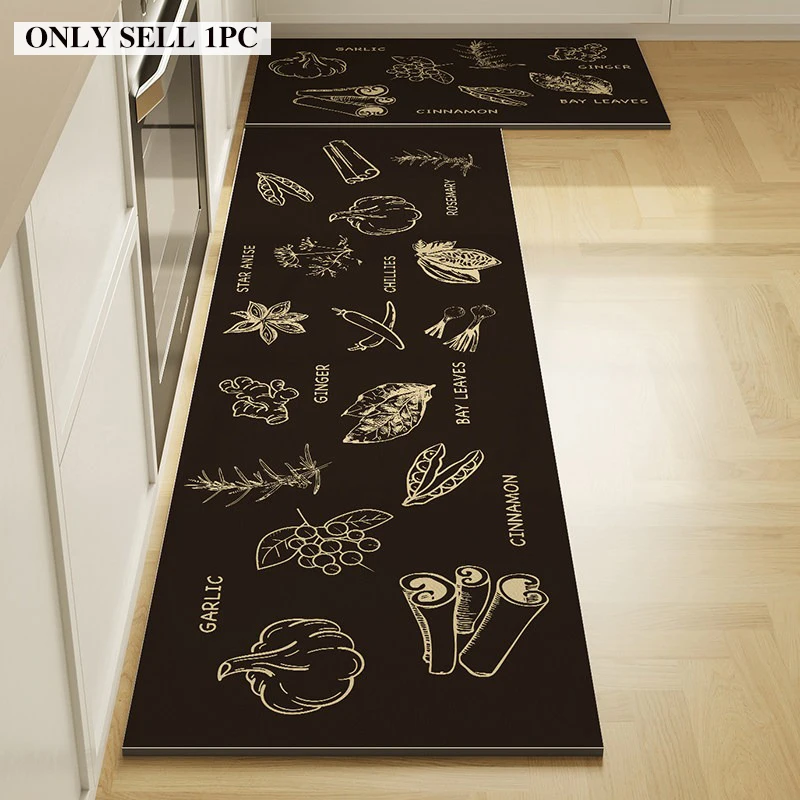 Kitchen Floor Mat PVC Waterproof Non-slip Oil-proof Leather Carpet Beige Floral Botanical Pattern Rug Long Size Home Decor Rugs