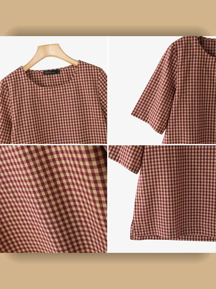 เสื้อผู้หญิงลายตารางหมากรุก ระบายอากาศได้ดี สำหรับฤดูใบไม้ผลิและฤดูร้อน คอทรงโอ แขนสั้น สไตล์ลำลอง แบรนด์ ZANZEA เหมาะสำหรับใส่ในชีวิตประจำวัน ไซส์ S-3XL