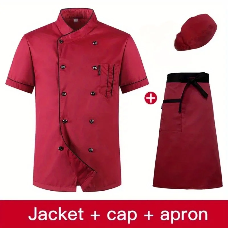 Set uniforme da chef in 3 pezzi - Completo da cucina a maniche corte con grembiule e cappello da uomo - Abbigliamento da lavoro per ristoranti per hotel