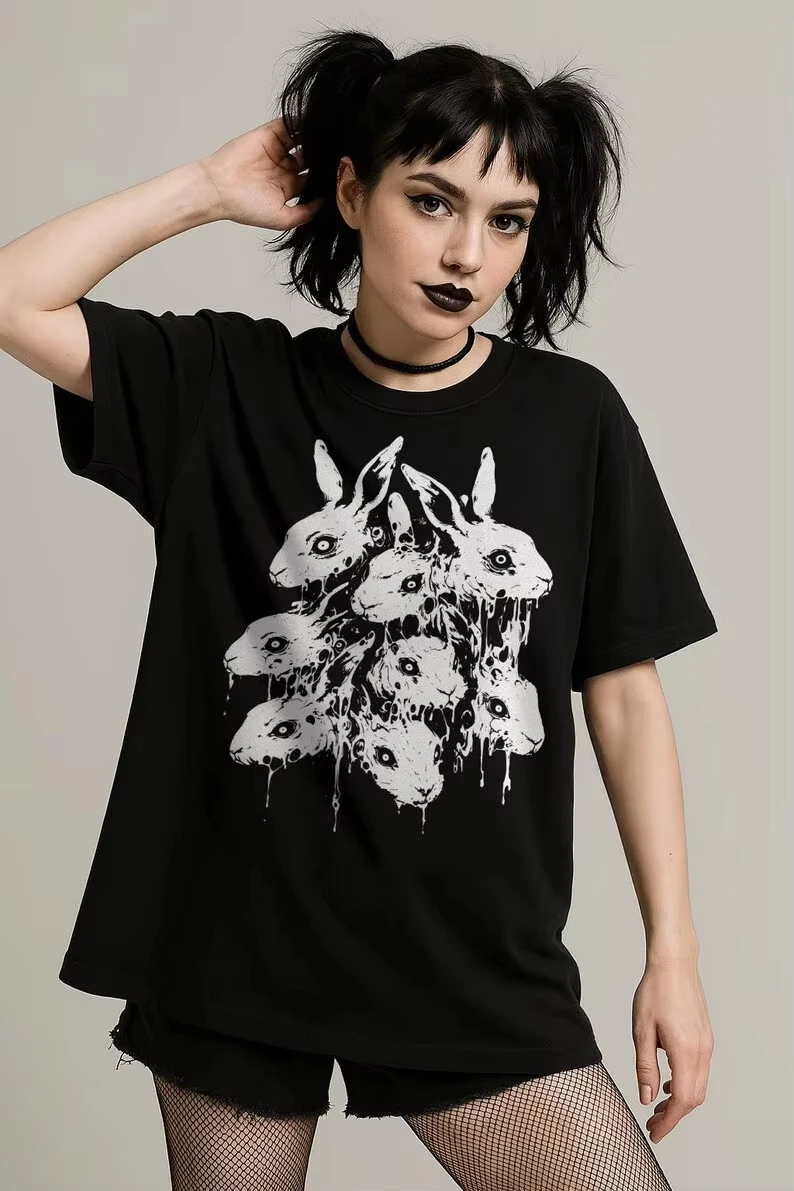 Horror Rabbit T-shirt Goblincore Tee Weirdcore Gothic Aesthetic Pastel Goth Clothing Creepy Cute Dark Cottagecore Clothes Gifts