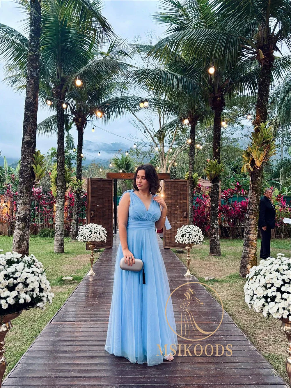 Msikoods Blue Tulle Evening Dresses Sleeveless V Neck Bridesmaid Gown Floor Length Wedding Guest Dress Party Gown Customized