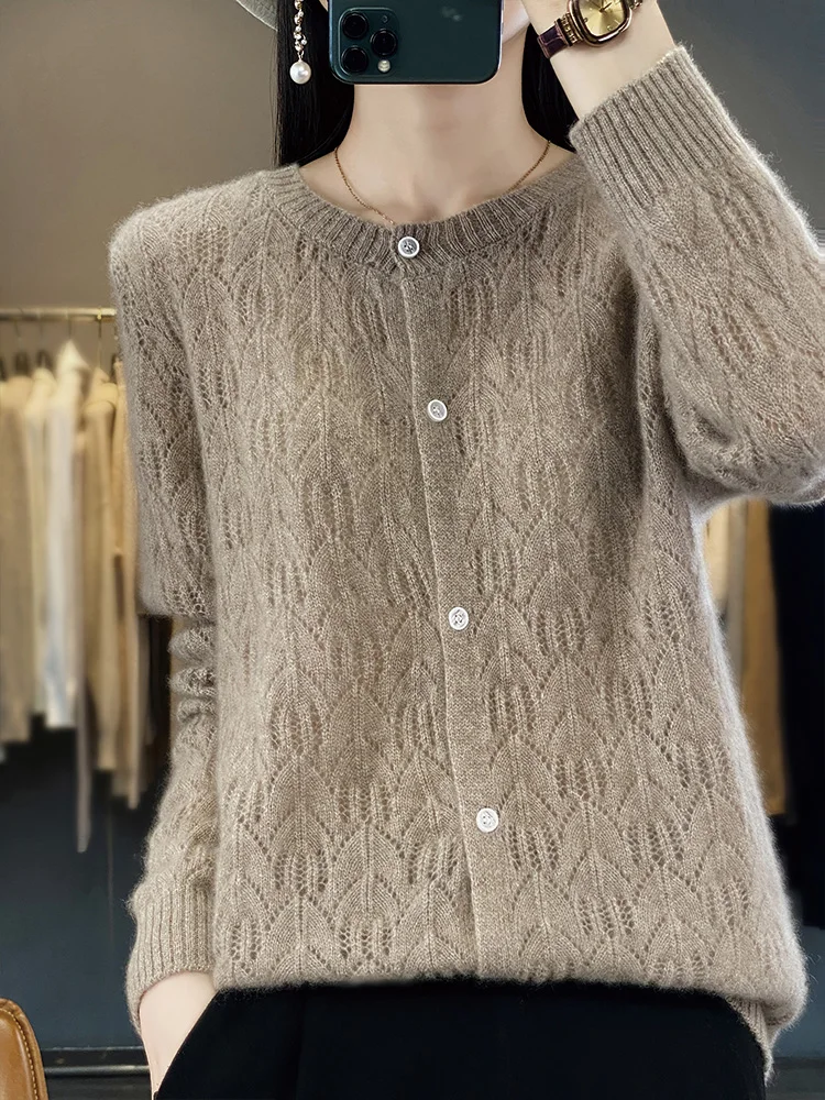 Women Cashmere Sweater Autumn Winter Hollow Cardigan 100% Merino Wool Knitwear  O- Neck Solid Color Temperament Top Coat